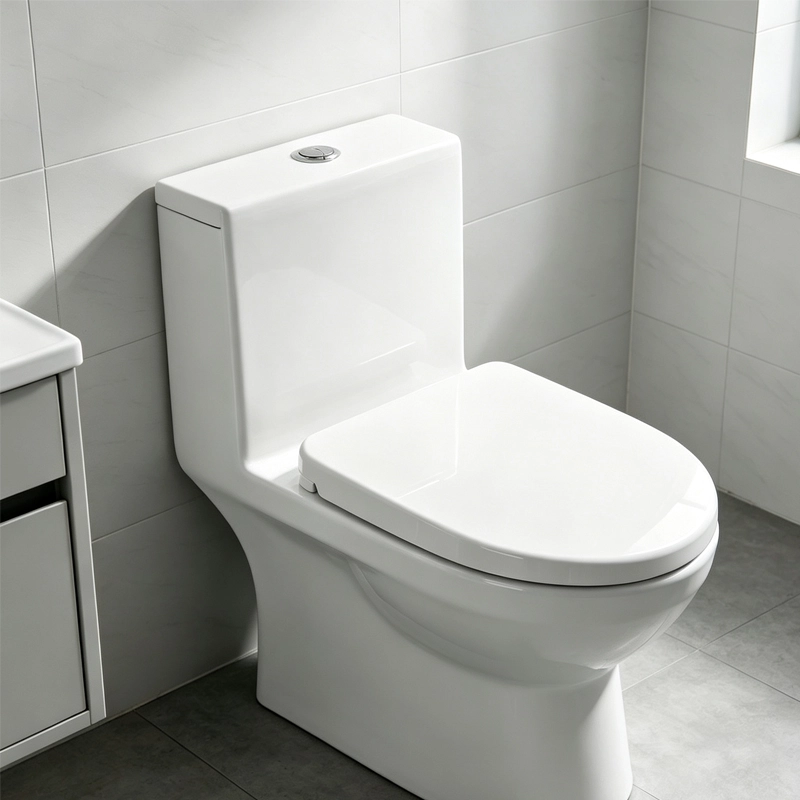 Sandwich D‑shape duroplast toilet seat installed on toilet, modern light‑toned tile bathroom interior, super slim design