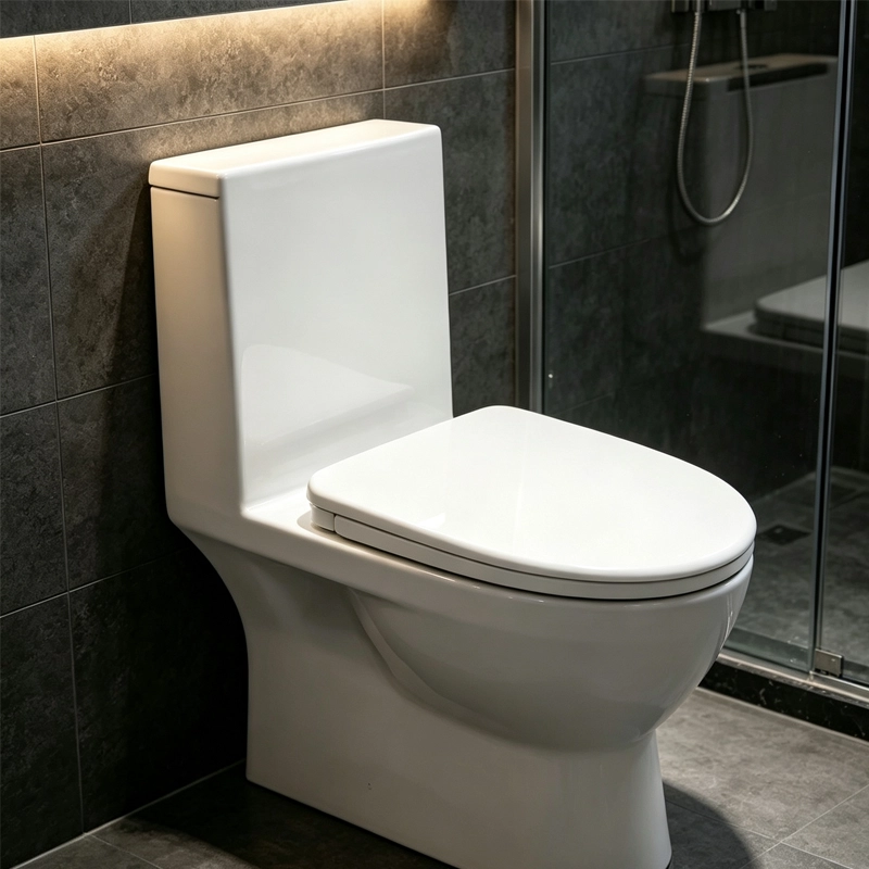 Sandwich D‑shape soft‑close toilet seat fitted to ceramic toilet, dark stone tile modern bathroom ambient scene
