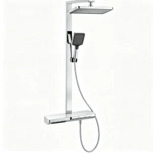 Modern chrome thermostatic shower column with square rainfall overhead shower and handheld sprayer, premium bathroom shower system
