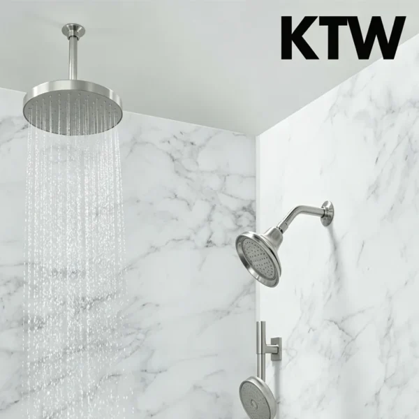 Sleek stainless steel ceiling‑mount rainfall overhead shower system for modern bathroom