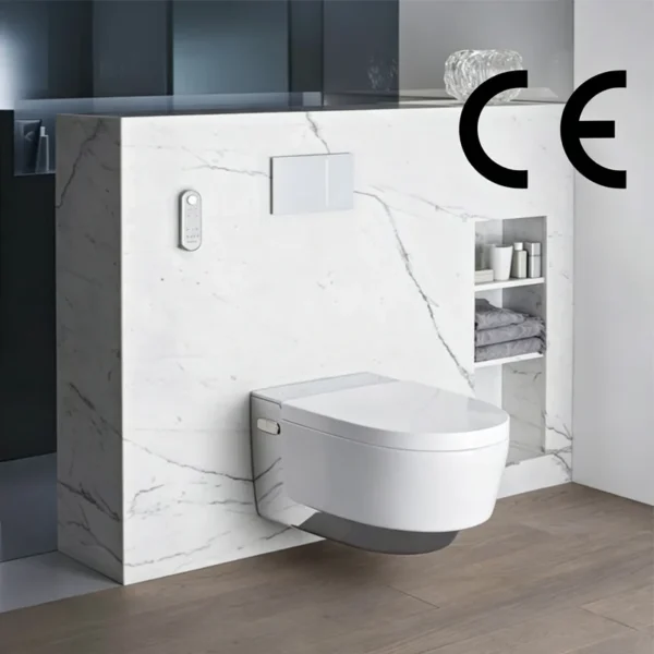 Modern wall‑mounted smart toilet with remote control inside marble‑styled bathroom niche wall