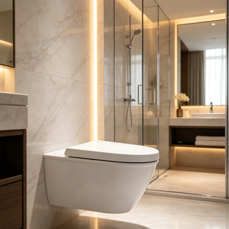 Luxury hotel bathroom interior, wall‑hung toilet with oval soft‑close duroplast toilet seat, marble tile and ambient lighting