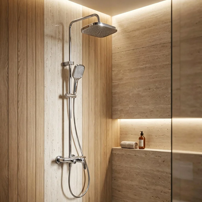 Polished chrome shower set mounted inside stylish contemporary bathroom