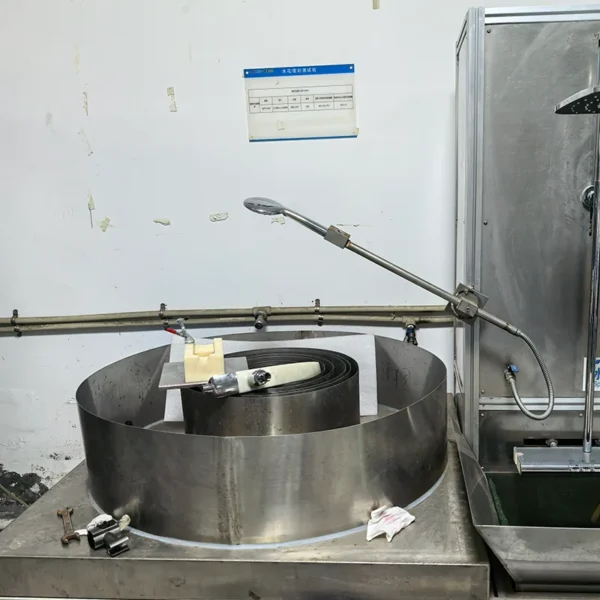 Water flow rate and efficiency testing station verifying EPA WaterSense compliance for bathroom fixtures